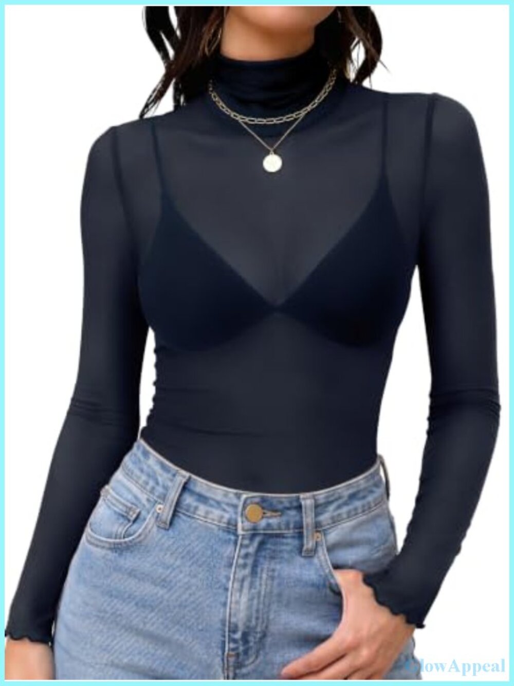 Women's Sheer Mesh Turtleneck Long Sleeve Top See Through Blouse